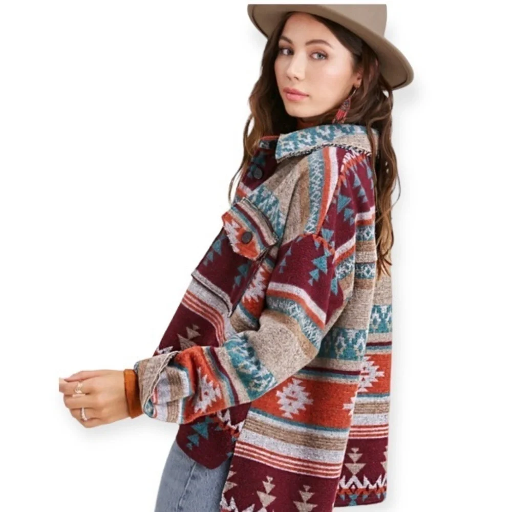 La Miel Size Small Aztec Shacket Western Shirt Jacket Frayed Hems Cowgirl